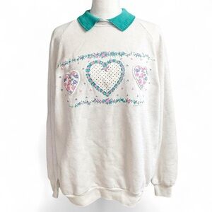 Vintage Gopher Sport White & Teal Heart Collared Sweatshirt Large